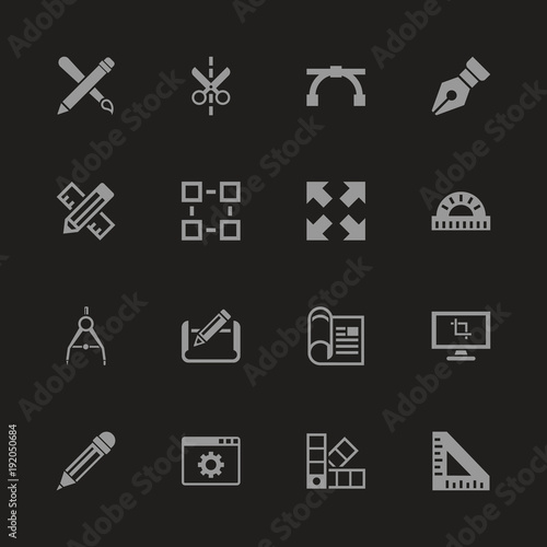 Blueprint icons - Gray symbol on black background. Simple illustration. Flat Vector Icon.