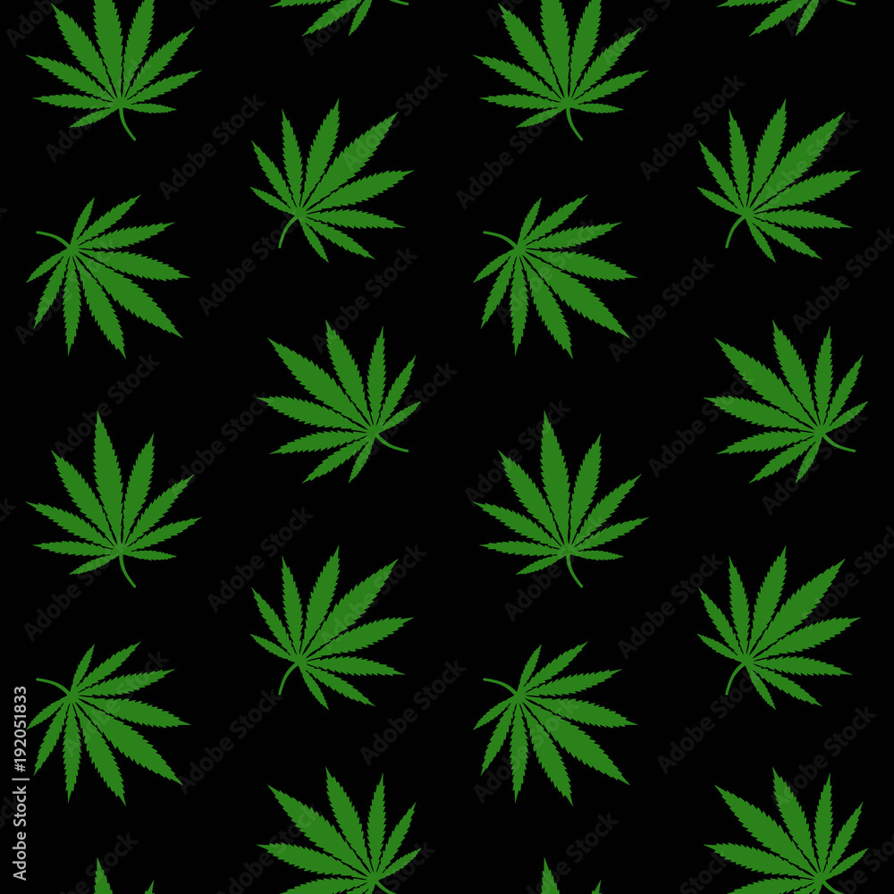 green leaves cannabis marijuana drug herb pattern on a black background seamless vector