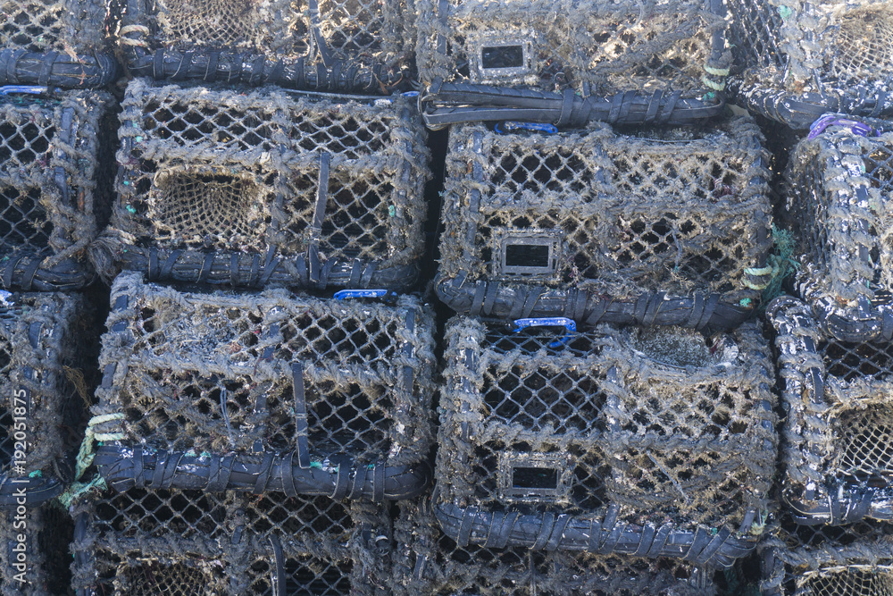 Lobster pots and traps stacked on a quay