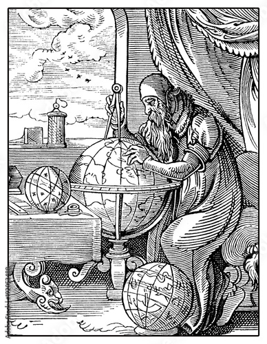 Portrait of medieval geographer with globe and compass at great discovery times, vintage engraving