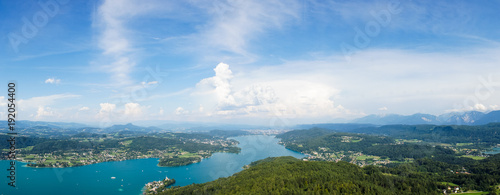 Fantastic panoramic view over The Lake Faak / Carinthia / Austria. Beautiful aerial view over lake and mountains, Austria summer nature outdoor landscape.