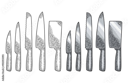 Set kitchen knifes and manual meat grinder. Vector engraving