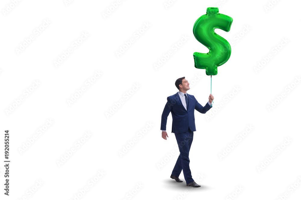 Businessman walking with inflatable dollar sign Businessman walking with inflatable dollar sign