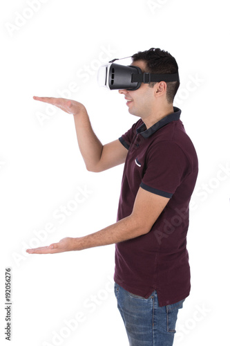 a happy man wears VR glasses
