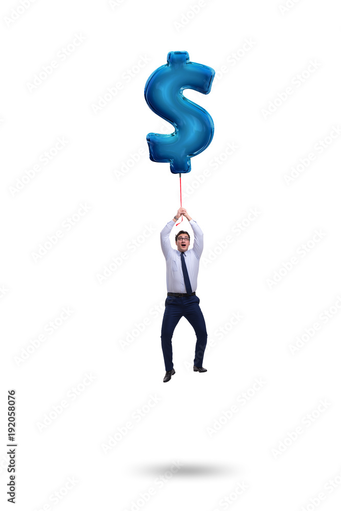 Businessman flying on dollar sign inflatable balloon Businessman flying on dollar sign inflatable balloon
