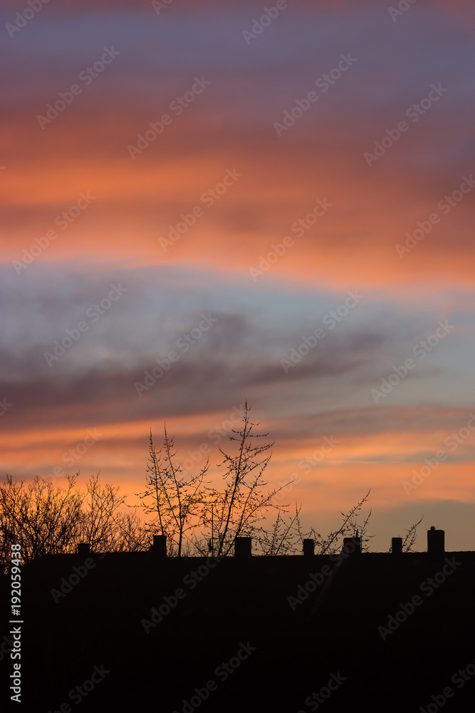 Dark contours of houses and trees against the background of a beautiful sky. Magic sunset in the city