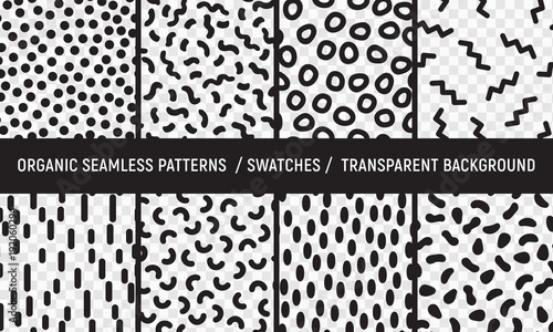 Organic  seamless patterns set. Abstract organic patterns set in modern style on transparent background. Seamless geometric organic swatches set.