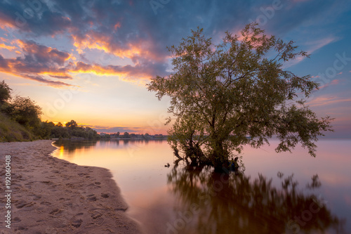 Beautiful sunset landscape with trees in the water. Long exposure shot.