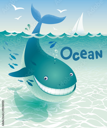 Blue Whale Ocean. Underwater landscape. Vector illustration.