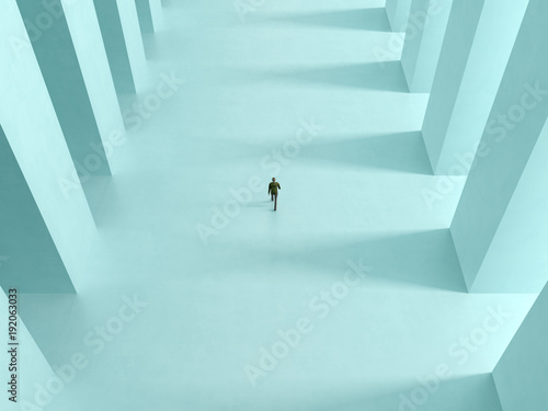a lonely man walk the corridor with columns to the light 3D rendering photo