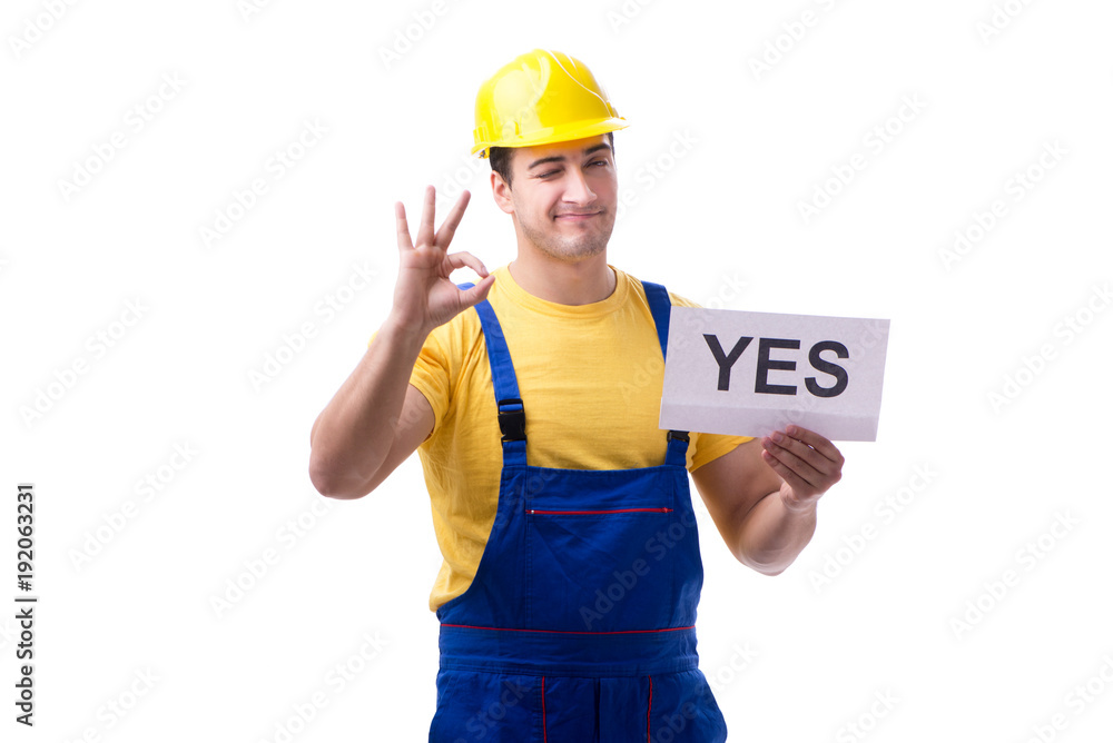 Worker responding positively yes isolated on white Worker responding positively yes isolated on white