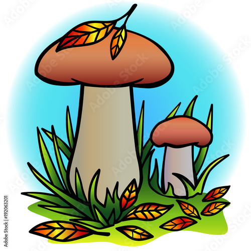 Mushrooms in green grass and autumn leaves
