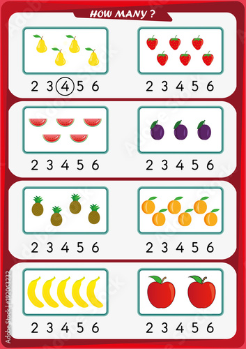 worksheet for kindergarten kids, Count the number of objects, Learn the numbers 1, 2, 3, 4, 5, 6