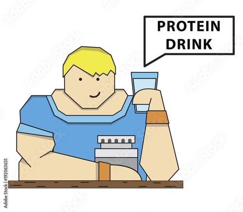 A muscular man holding a glass with a protein cocktail,vector image, flat design, cartoon character