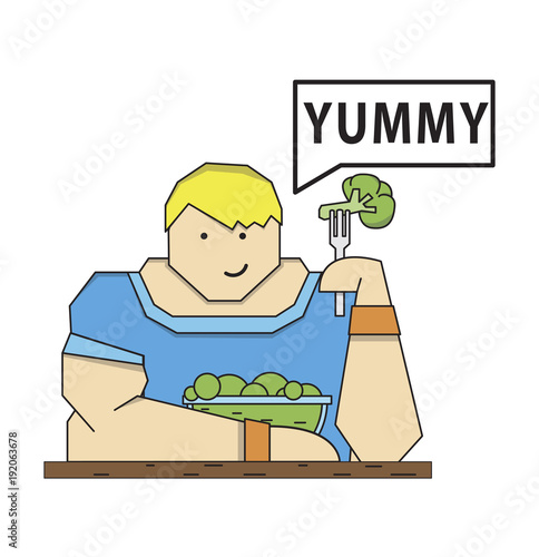 Basic RGBathlete and healthy diet, vegetable diet, muscular man holding fork with broccoli, vector image, flat design, cartoon character,black and white picture