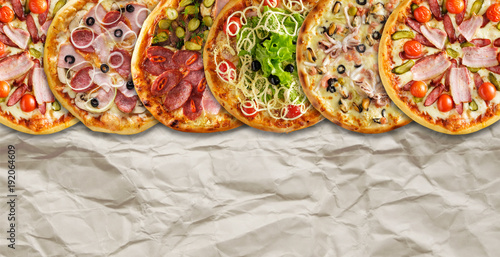 Photography Collage of freshly baked homemade pizza. Top view.