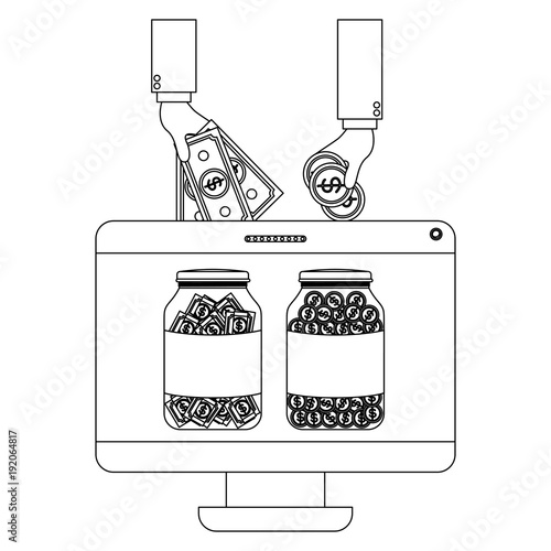 monitor computer with hand saver online vector illustration design