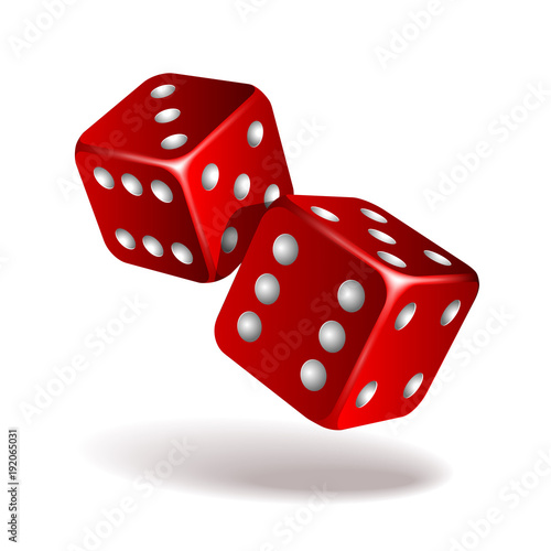 Two red falling dice isolated on white.
