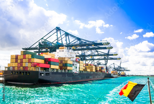 View on container ship in the harbor of Antwerp - Belgium