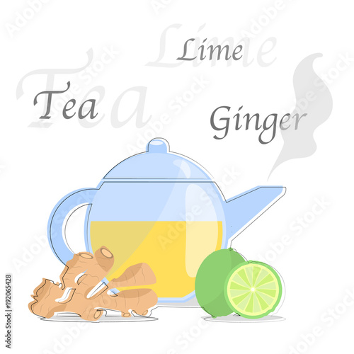 Flat design tea with ginger and lime 