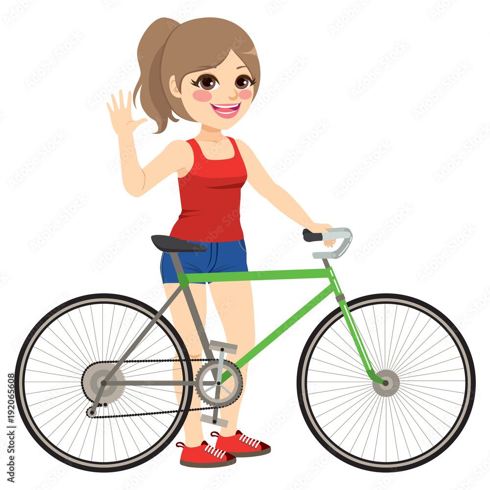 Teenager happy girl standing with bicycle wearing summer casual clothes saluting waving hand Teenager happy girl standing with bicycle wearing summer casual clothes saluting waving hand
