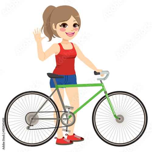 Teenager happy girl standing with bicycle wearing summer casual clothes saluting waving hand © Kakigori Studio