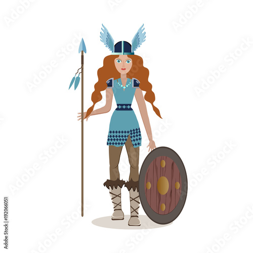 Viking cartoon character. Valkyrie with spear and shield. Vector illustration. Flat style.