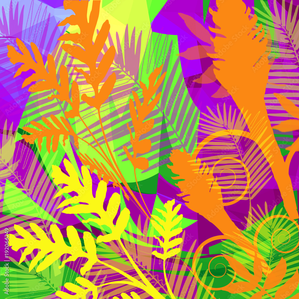 Electric Neon Bright trending colors with natural jungle leaves and plants and geometric abstract unique art background.
