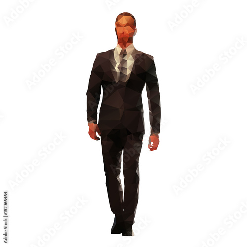 Polygonal business man walking forward, vector geometric illustration of young man in suit