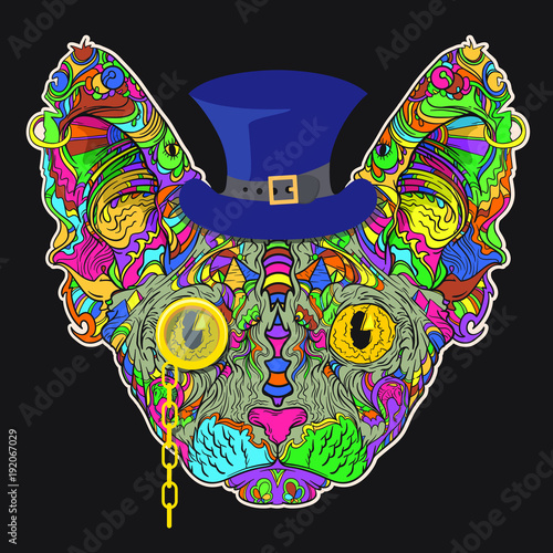 Ornament face of gentleman sphinx cat with hat and monocle. Isolated on black background.