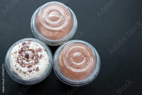 Assorted desserts for fast food, Panacota, mousse, from above