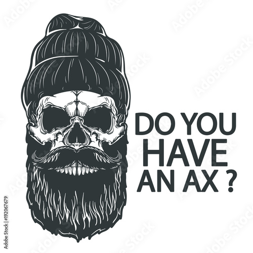 Vintage hipster print or emblem with text, with beard, hat and mustache. Monochrome, isolated on white background.