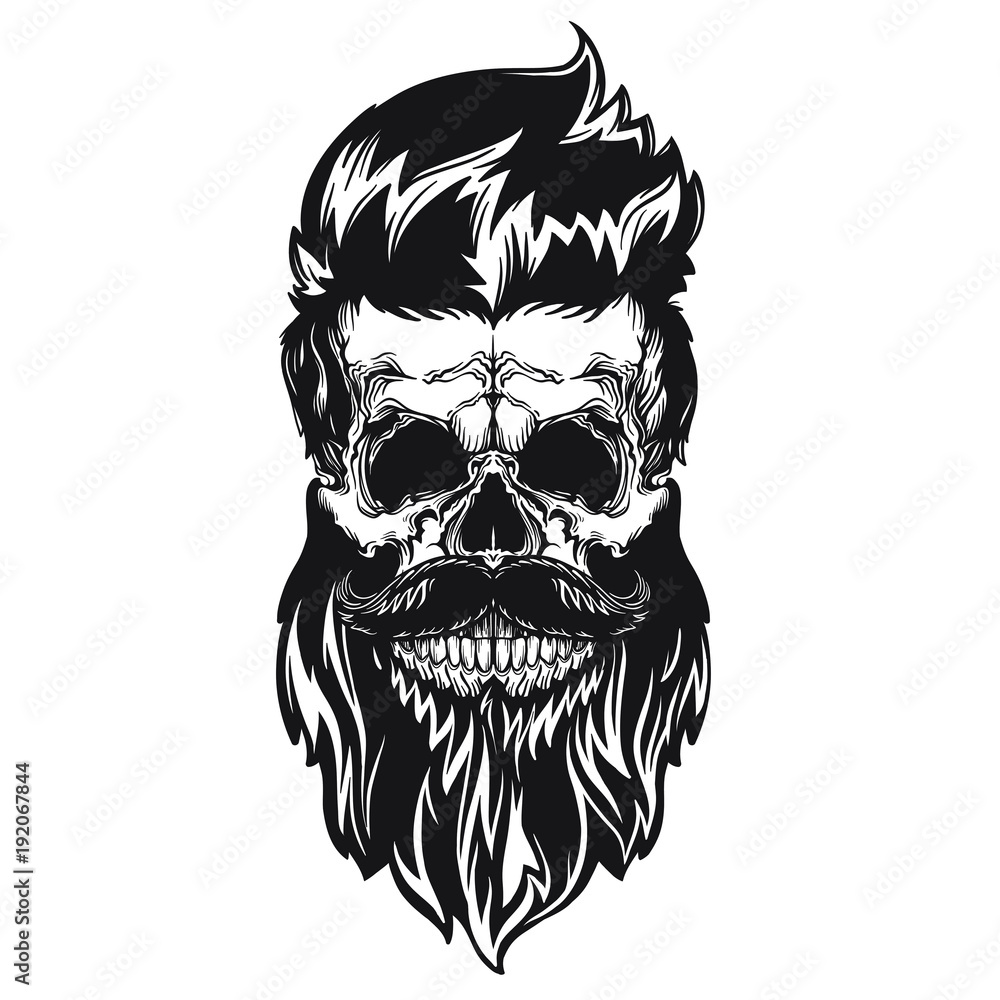 Black vector illustration of skull with beard and hipster haircut ...