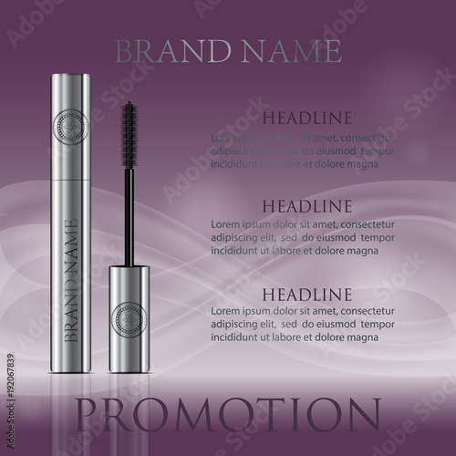 A mascara tube and a wand applicator. Cosmetic silver bottle with eyelash brush.  3d realistic vector.
