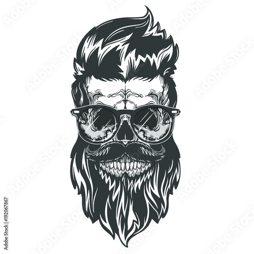 Vector illustration of skull with beard, mustache, hipster haircut and sunglasses. Isolated on white background. Black and white version