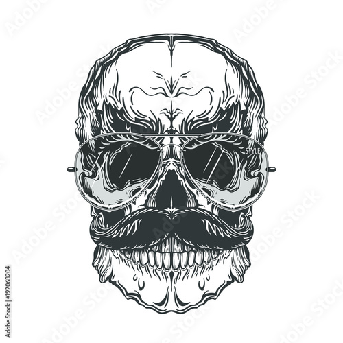 Grey illustration of skull with mustache and sunglasses. Isolated on white background.