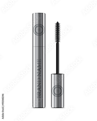 A mascara tube and a wand applicator. Cosmetic silver bottle with eyelash brush. 3d realistic vector.