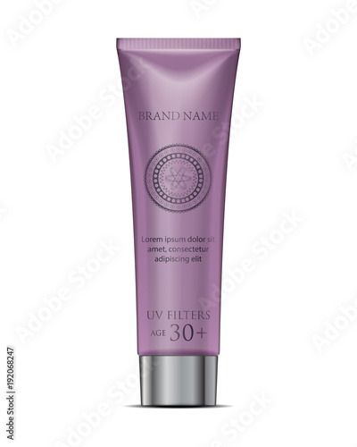 Cosmetic tube cream mockup in purple. White Plastic Tube Packaging. Isolated