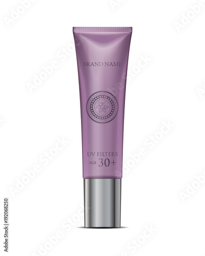 Cosmetic tube cream mockup in purple. White Plastic Tube Packaging. Realistic lipstick. Isolated