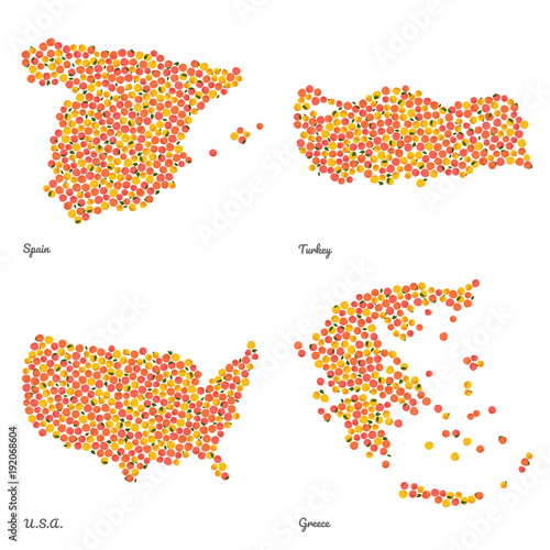 Colorful veggie maps made out of pink peaches. Fruitarian illustration. Four country maps made out of pink peaches. Largest Peach Producing Countries. For decoration, illustrators or infographics.