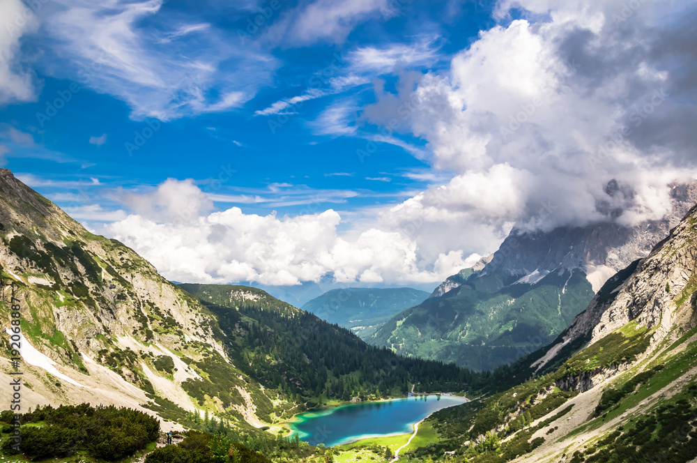 View on Seebensee and on zugspitze mountain