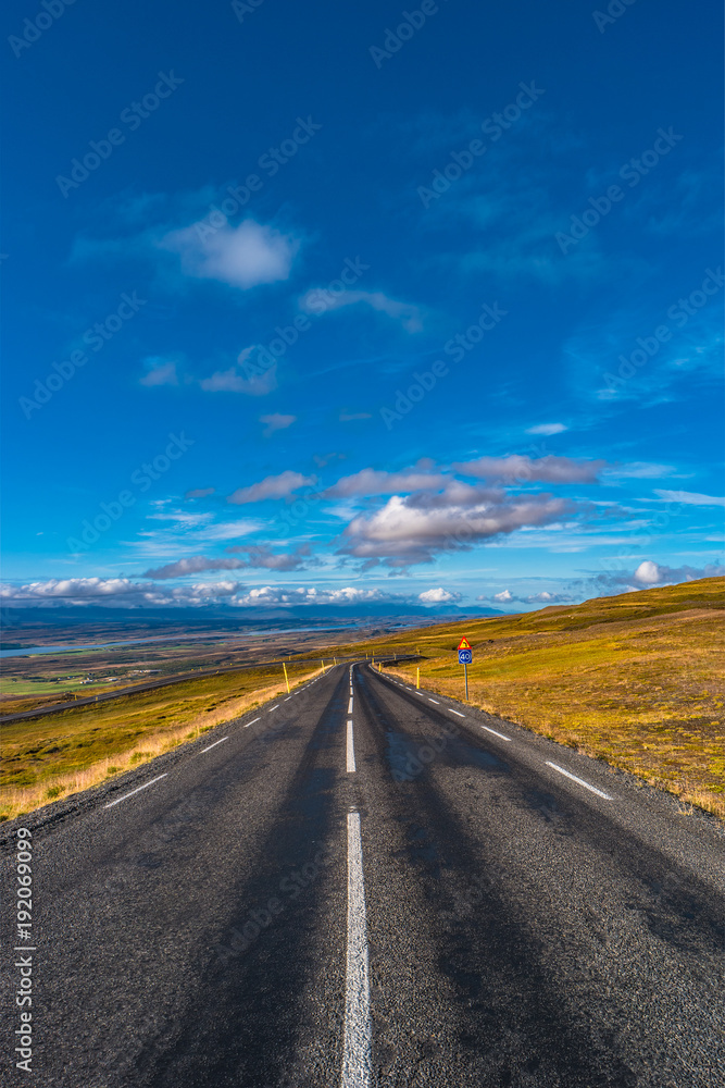 Naklejka premium Isolated road and Icelandic colorful landscape at Iceland,
