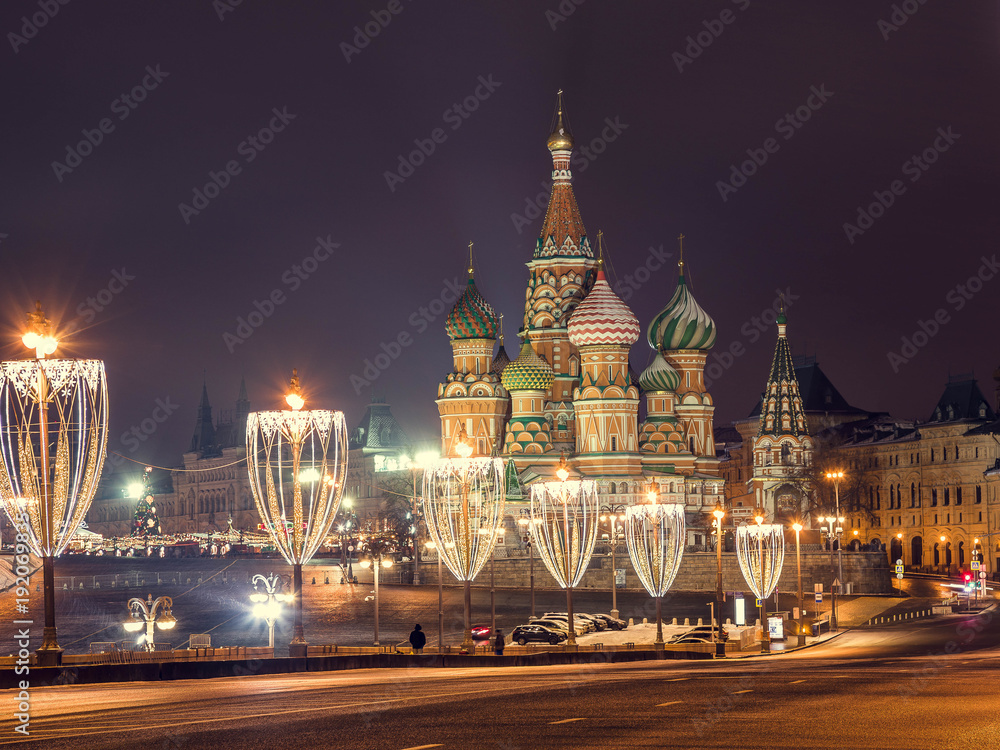 St. Basil's cathedral  with night illumimnationin winter. Moscow. Christmas 2018