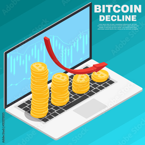 Graph of falling bitcoin on a laptop isometric vector.