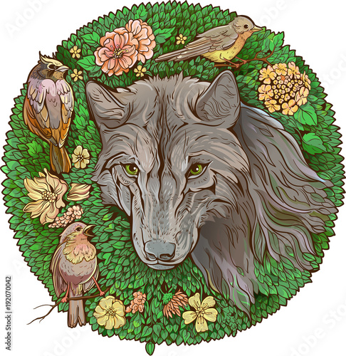 Colorful floristic image . wolf and birds