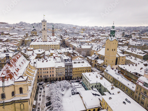 Beautiful photo in winter, snow, holidays Lviv, Ukraine, panorama, downtown bird's-eye view, the historical part of the city, of drone