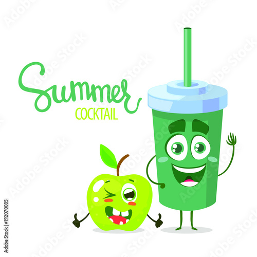 Two character of cup with tubule and green apple. Cartoon vector illustration isolated on white background