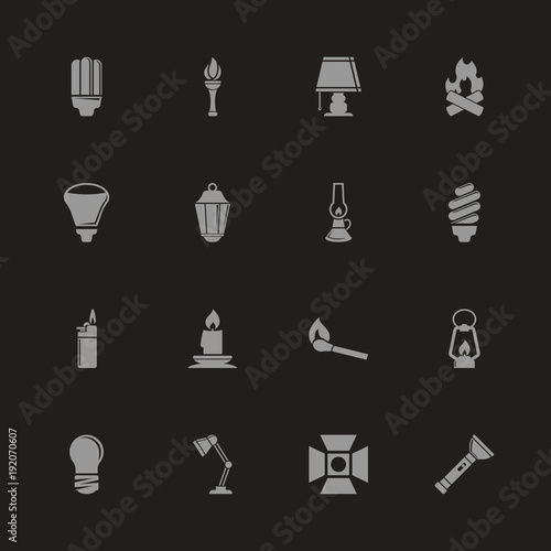 Light Source icons - Gray symbol on black background. Simple illustration. Flat Vector Icon.