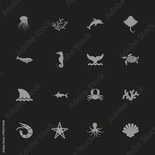 Marine Life icons - Gray symbol on black background. Simple illustration. Flat Vector Icon.