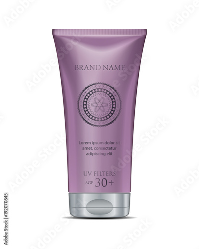 Cosmetic tube cream mockup in purple. White Plastic Tube Packaging. Isolated
